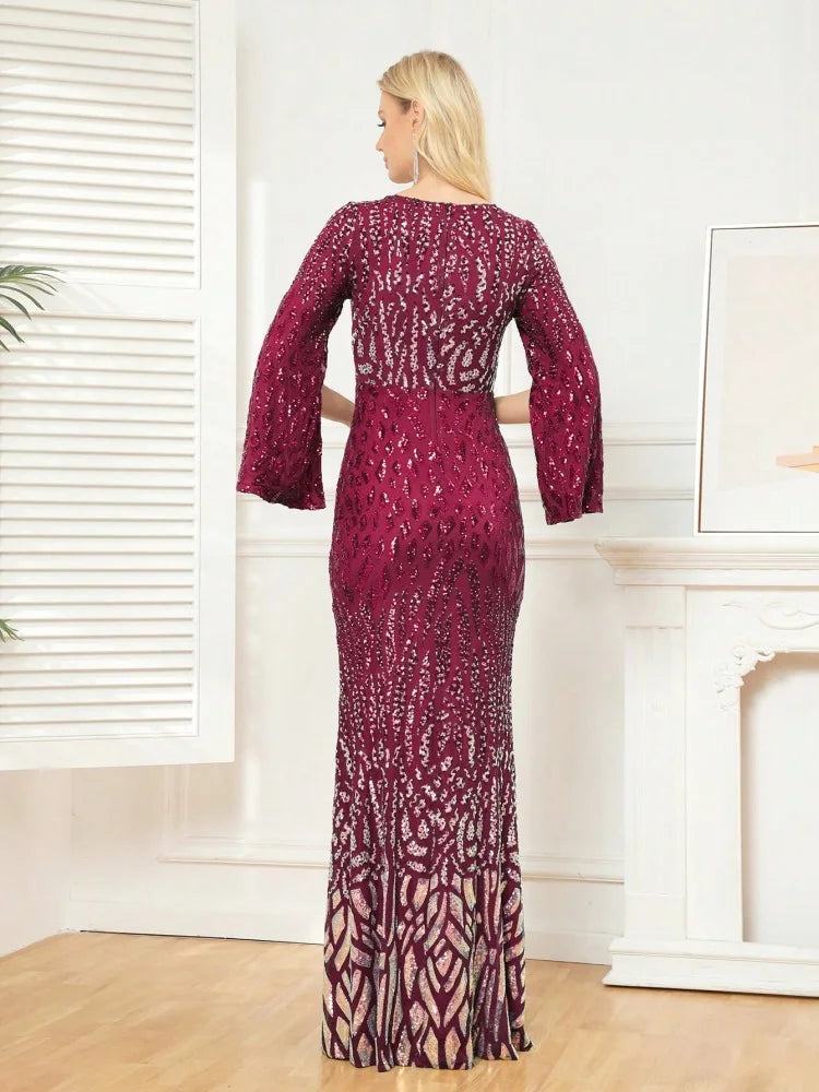 BluePlum Elegant Sequin Burgundy Red Evening Dress 2024 Women Formal Maxi Prom Long Sleeves Party Dress Luxury Cocktail Dress | Blue Plum - Blue Plum