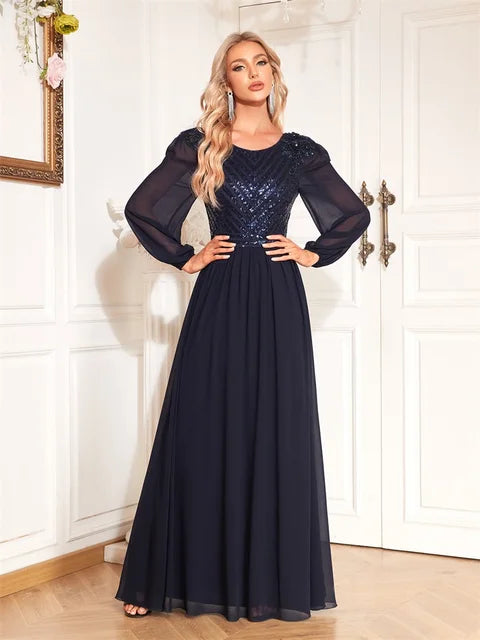 BluePlum Elegant V-Back Sequin Formal Evening Dress Long Sleeve Floor-Length Luxury 2024 Chiffon Wedding Party Prom Cocktail Dress | Blue Plum - Blue Plum