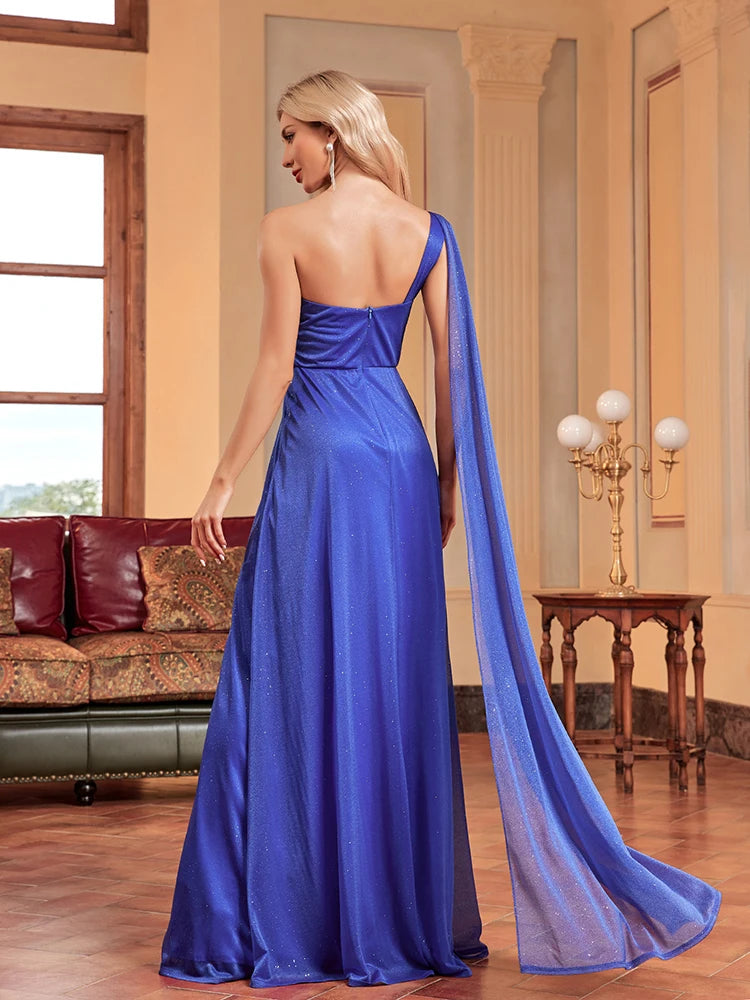 BluePlum Luxury Saudi Arabic Blue Dubai Evening Dresses with Cape Sleeves Elegant For Women Wedding Party Chiffon Cocktail Prom | Blue Plum - Blue Plum