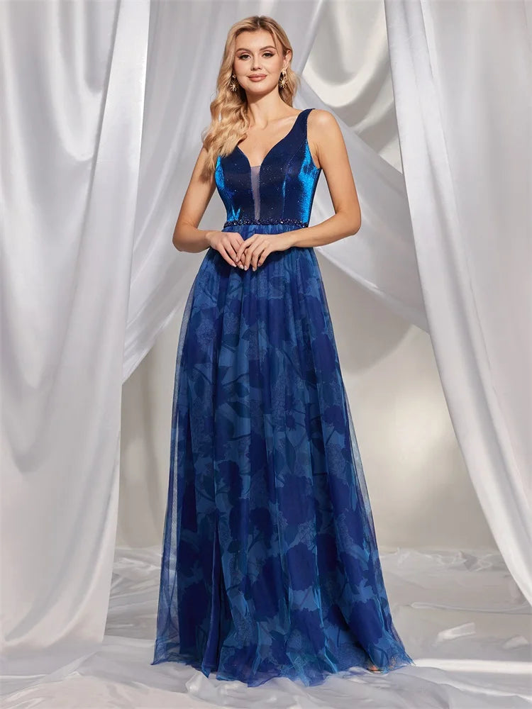 BluePlum Luxury Sexy V-Back Sleeveless Royal Blue Evening Dress 2024 Women Elegant Slit Wedding Party Long Prom Cocktail Dresses | Blue Plum - Blue Plum
