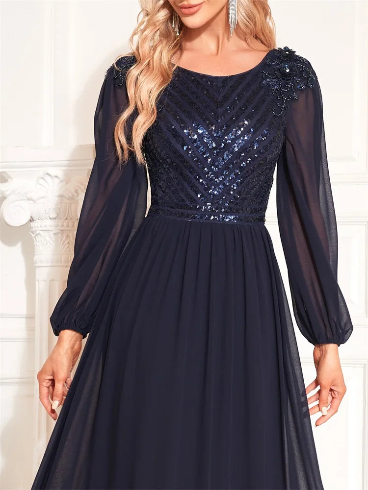 BluePlum Elegant V-Back Sequin Formal Evening Dress Long Sleeve Floor-Length Luxury 2024 Chiffon Wedding Party Prom Cocktail Dress | Blue Plum - Blue Plum