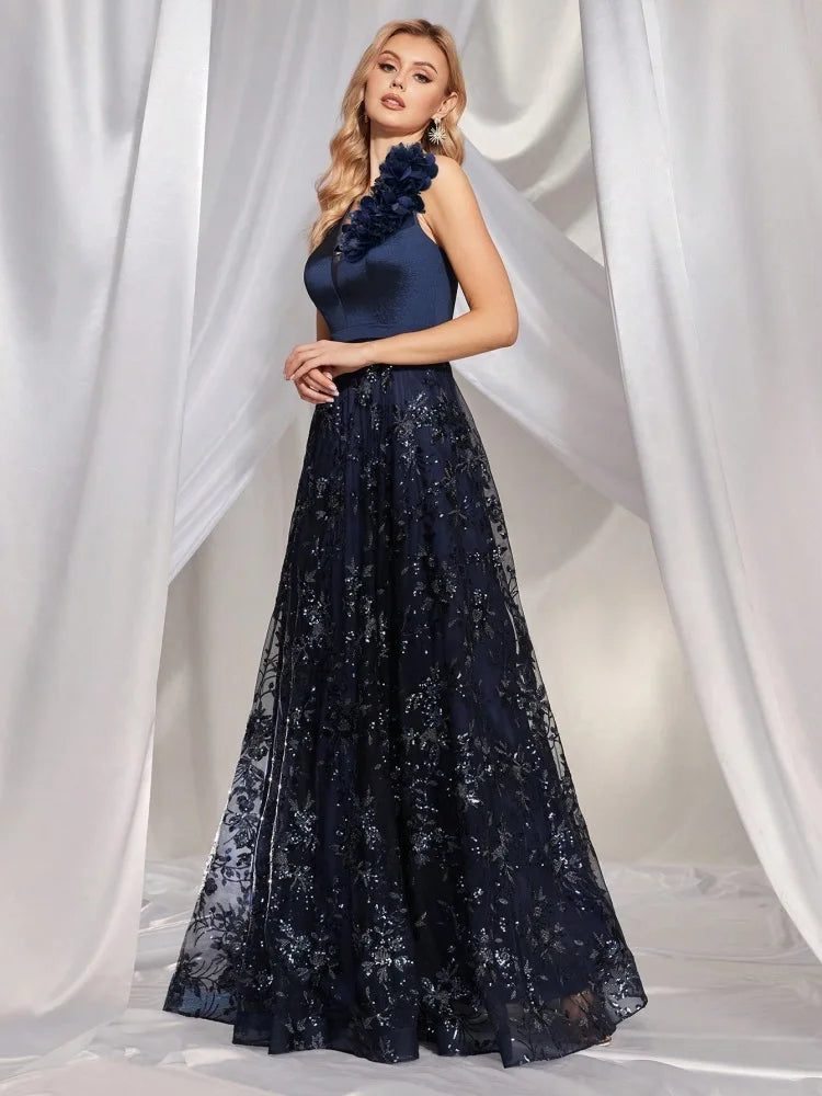 BluePlum Elegant V Neck Blue Floral Sequin Evening Dress Long 2024 Luxury Women Satin Sleevesless Party Dress Prom Cocktail Dress | Blue Plum - Blue Plum