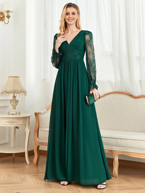 BluePlum Elegant Long Sleeves Tulle Embroidery Evening Dress 2025 Women Chiffon Slit Bridesmaid Wedding Party Dress Formal Prom | Blue Plum - Blue Plum